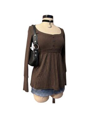 Vintage Inspired y2k Brown Babydoll Top Long Sleeve Henley Small Fall Autumn